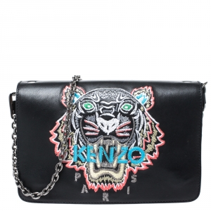 Kenzo Black Leather Embroidered Tiger Shoulder Bag