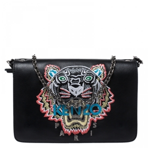 Kenzo Black Leather Embroidered Tiger Shoulder Bag