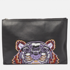 Kenzo Black Tiger Embroidered Leather Zip Flat Pouch