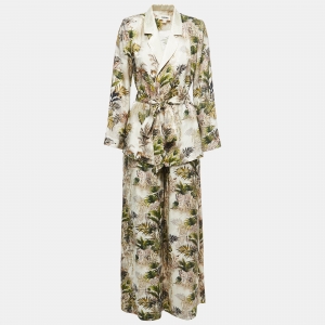 L'agence Beige 7 Green Safari Printed Wrap Top and Pants Set S