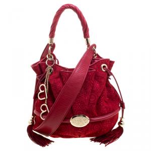 Lancel Red Alcantara Embroidered Le Brigitte Bardot Bucket Bag