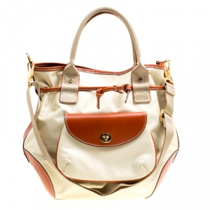 Lancel Beige/Brown Nylon And Leather Top Handle Bag
