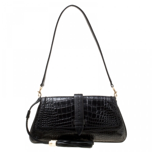 Lancel Black Croc Embossed Leather Flirt Clutch