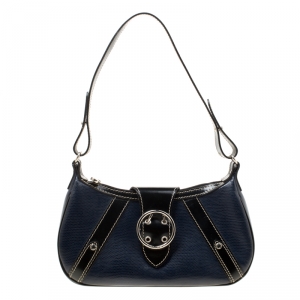 Lancel Dark Blue Lizard and Leather Shoulder Bag