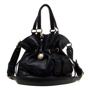 Lancel Black Croc Embossed Leather Premier Flirt Bucket Bag