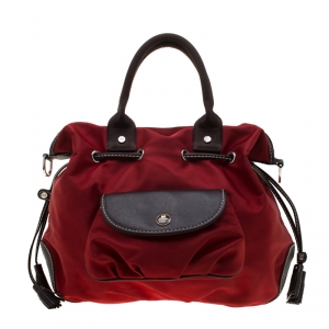 Lancel Red/Brown Nylon and Leather Drawstring Hobo