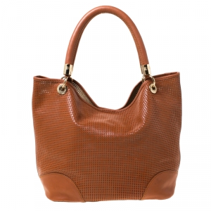 Lancel Brown Leather Perforated Shopper Tote