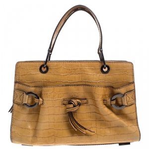 Lancel Light Brown Crocodile Embossed Leather Satchel 