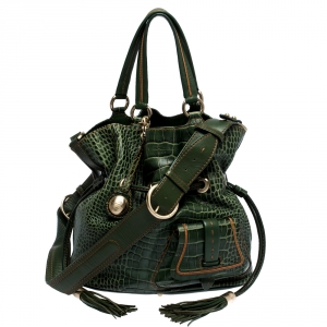 Lancel Green Croc Embossed Leather Premier Flirt Bucket Bag