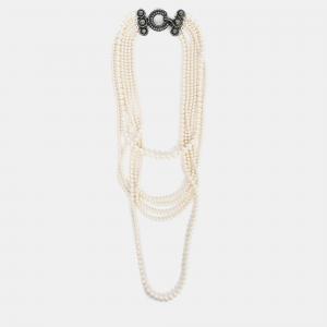 Pre Owned Lanvin Faux Pearl Multistrand Necklace with Crystal Embellished Closure