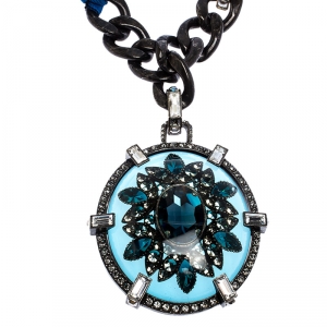 Lanvin Two Tone Chain Crystal Embellished Cabochon Pendant Ribbon Necklace