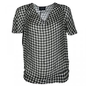 Pre Owned Lanvin Monochrome Textured Houndstooth Pattern Short Sleeve Top S