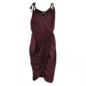 Lanvin Burgundy Tie Detail Sleeveless Draped Dress M