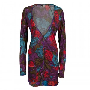 Lanvin Multicolor Floral Print Jersey Silk Trim Detail Long Cardigan S