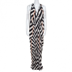 Pre Owned Lanvin Multicolor Chevron Patterned Silk Draped Maxi Dress L