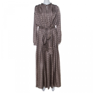 Pre Owned Lanvin Beige Printed Silk Front Slit Neckline Belted Maxi Dress L