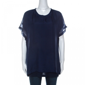 Pre Owned Lanvin Navy Blue Silk Chiffon Raw Edge Detail Short Sleeve Top XL 