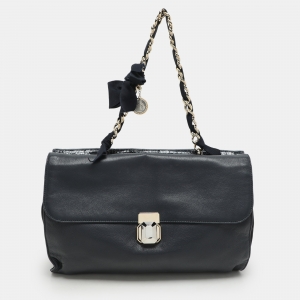 Lanvin Navy Blue Croc Embossed and Leather Flap Shoulder Bag