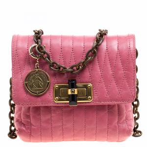 Pre Owned Lanvin Pink Quilted Leather Mini Happy Crossbody Bag