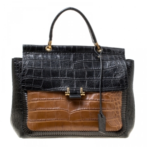Pre Owned Lanvin Black/Brown Croc Embossed Leather Top Handle Bag