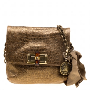 Pre Owned Lanvin Gold Lizard Embossed Leather Mini Happy Crossbody Bag