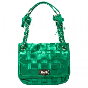 Pre Owned Lanvin Green Woven Satin Happy Flap Shoulder Bag
