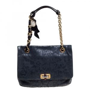 Lanvin Navy Blue Leopard Print Leather Medium Happy Shoulder Bag