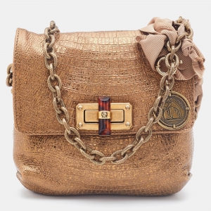 Lanvin Metallic Gold Croc Embossed Leather Flap Shoulder Bag