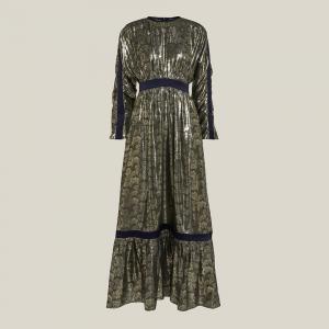 فستان ليور من مزيج الحرير بلمعة معدنية مع حاشية بكشاكش أخضر FR 44