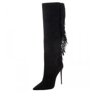 Pre Owned Le Silla Black Fringed Suede Tiny Velour Knee Length Boots Size 38.5