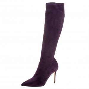 Pre Owned Le Silla Purple Stretch Velour Knee High Pointed Toe Boots Size 37.5