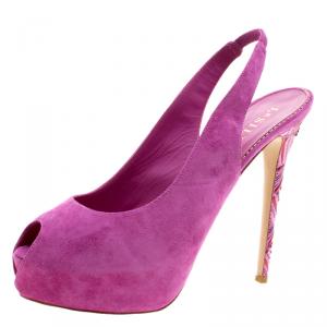 Le Silla Fuchsia Pink Suede Peep Toe Crystal Embellished Heel Platform Slingback Sandals Size 41