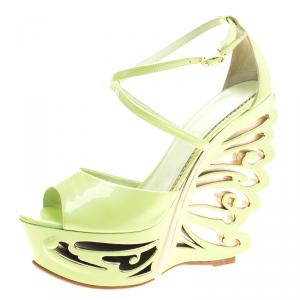 Le Silla Pistachio Green Patent Leather Butterfly Wedge Sandals Size 38