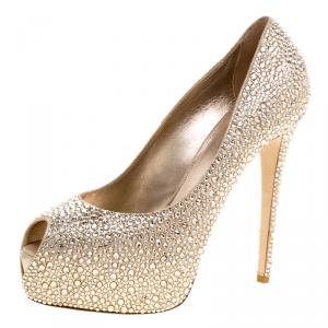 Le Silla Metallic Beige Crystal Embellished Leather Peep Toe Platform Pumps Size 38