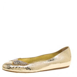 Le Silla Metallic Gold Snake Embossed Leather Butterfly Crystal Embellished Motif Ballet Flats Size 36