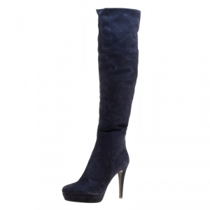 Pre Owned Loriblu Navy Blue Suede Over the Knee Platform Boots Size 38.5