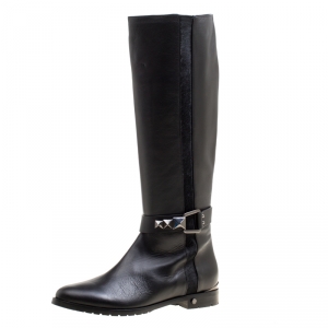 Le Silla Black Leather And Pony Hair Trim Knee High Boots Size 38