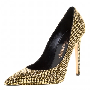 Enio Silla For Le Silla Metallic Gold Crystal Embellished Suede Pointed Toe Pumps Size 40