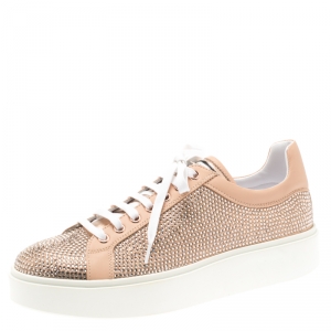Le Silla Peach Crystal Embellished Leather Lace Up Platform Sneakers Size 39