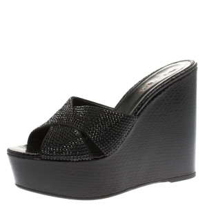 Le Silla Black Crystal Embellished Cross Strap Python Print Wedge Platform Slides Size 41