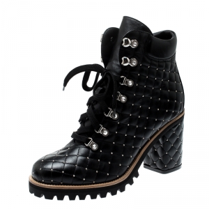 Le Silla St.Moritz Black Quilted Leather Block Heel Trekking Boots Size 40