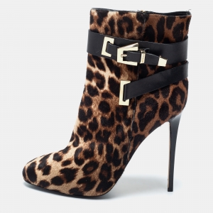 Pre Owned Le Silla Brown Leopard Printed Calf Hair Ankle Boots Size 40