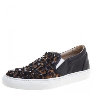 Le Silla Black Leopard Print Pony Hair Jaguar Crystal Embellished Slip On Sneakers Size 41