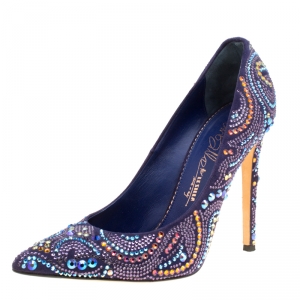 Enio Silla For Le Silla Blue Crystal Embellished Suede Pointed Toe Pumps Size 39