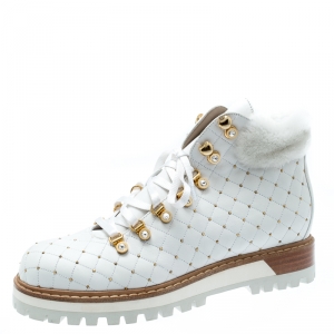 Le Silla St.Moritz White Quilted Leather Fur Lined Trekking Boots Size 41