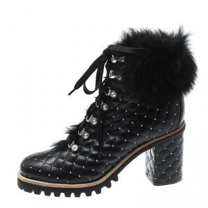 Le Silla St.Moritz Black Quilted Leather Fur Lined Block Heel Trekking Boots Size 40