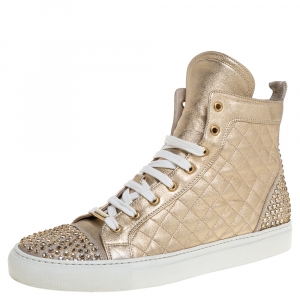 Pre Owned Le Silla Gold Quilted Leather and Suede Crystal Embellished Lace High Top Sneakers Size 41