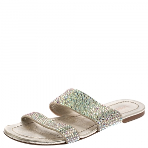 Le Silla Gray Leather Crystal Embellished Flat Size 38