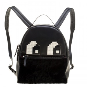 Les Petits Joueurs Black Leather and Fur Mick Eyes Backpack