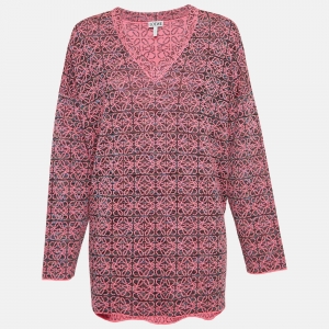 Pre Owned Loewe Pink Anagram Knit V-Neck Oversized Sweater XS